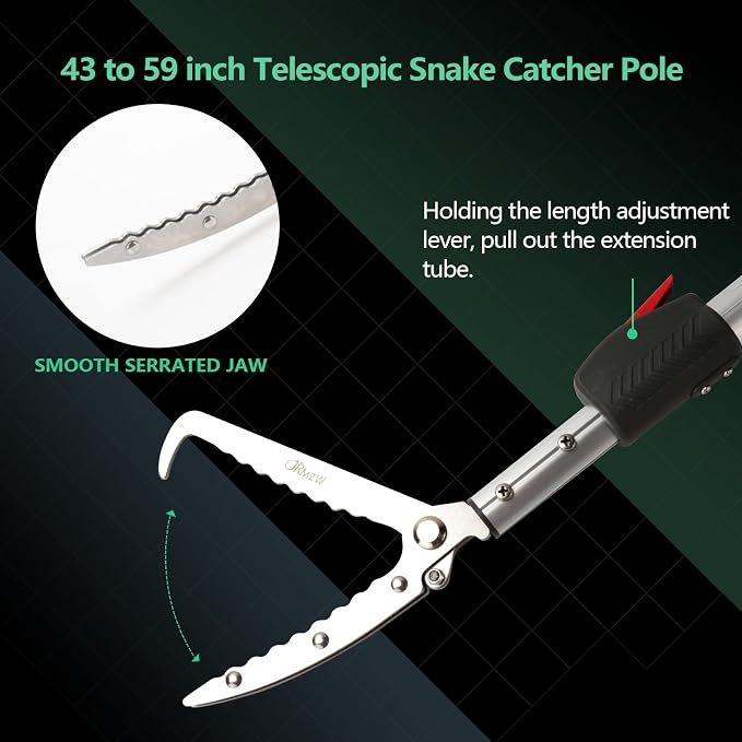 Snake Catcher Tongs Grabber Rattle Heavy Duty | with 43 inch to 59 inch Telescopic Pole
