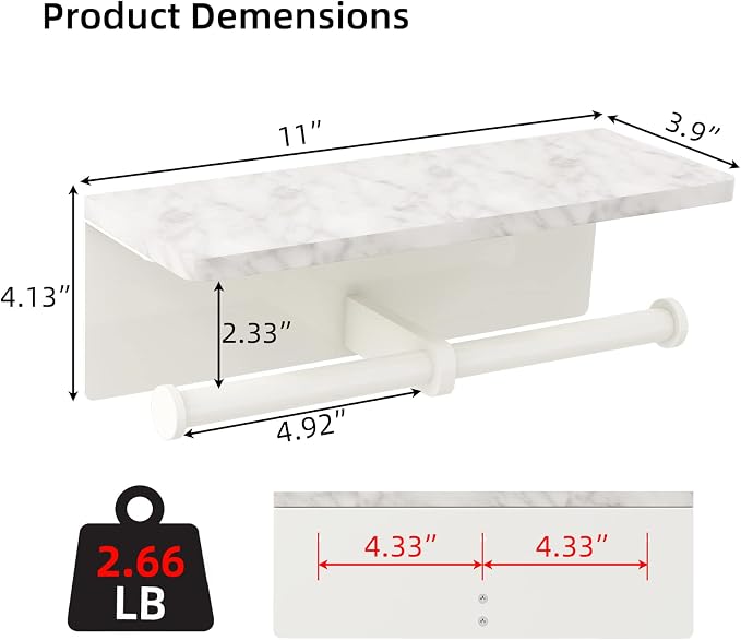 Gypie Double Toilet Paper Holder, Toilet Paper Wall Mount, White Marble | Toilet Paper Holder with Shelf, Stainless Steel Roll Holder for Bathroom Washroom