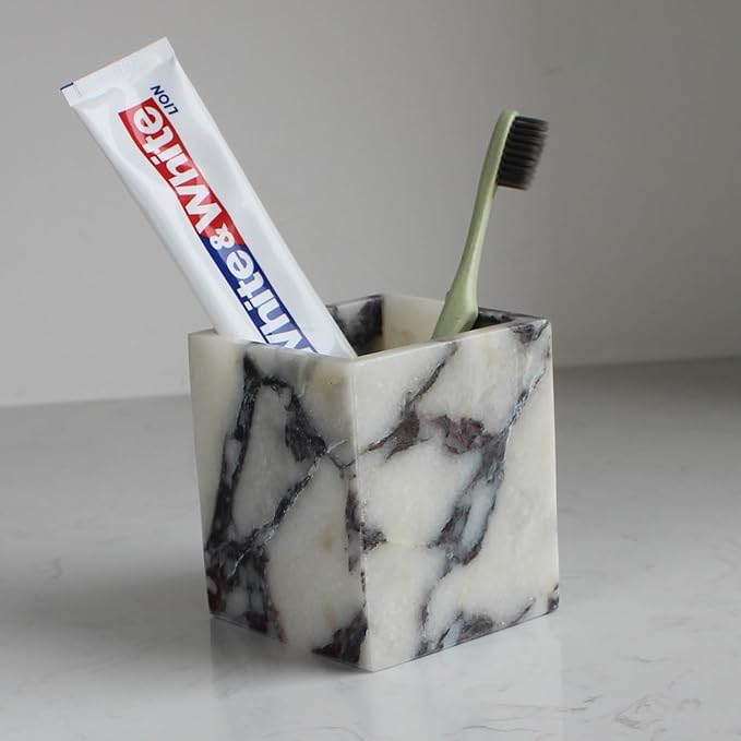 Calacatta Viola Marble Toothbrush Holders for Bathroom, Natural Marble Canisters, Makeup Brush Holder Countertop Organizer