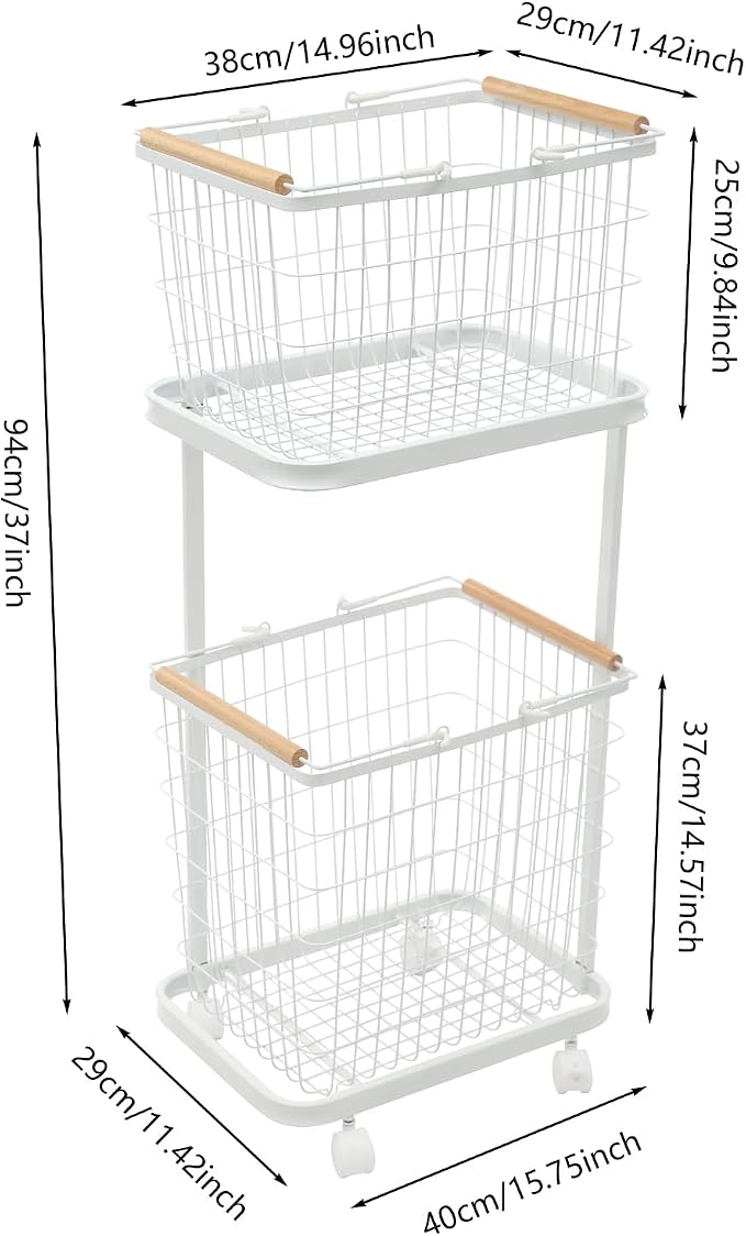2 Tier Laundry Basket, Removable Metal Wire Laundry Cart with 4 Universal Wheels Rolling Laundry Basket Floor Standing Clothing Garment Sorting Hamper Organizer Load Bearing Capacity 88.18 lbs (White)