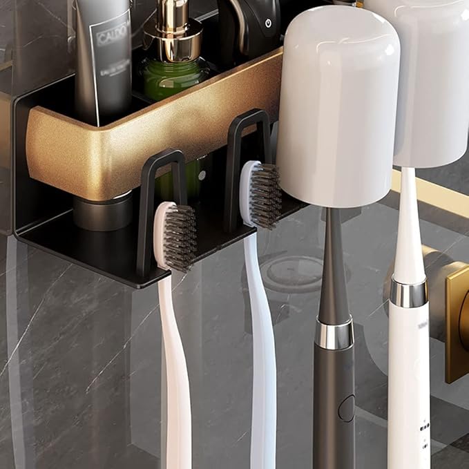 Toothbrush Rack Toothbrush Holder Wall-Mounted Bathroom Storage Rack 4 Toothbrush Slots, Punch-Free Multi-Function Toothbrush Holder Bathroom Toothbrush Holder(A)