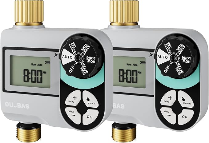 QUOBAS Brass Sprinkler Timer 2 Pack, Programmable Water Hose Timer for Garden Hose Faucet with Waterproof HD Screen, Rain Delay/Manual/Automatic Irrigation Watering System for Garden, Lawn, Yard