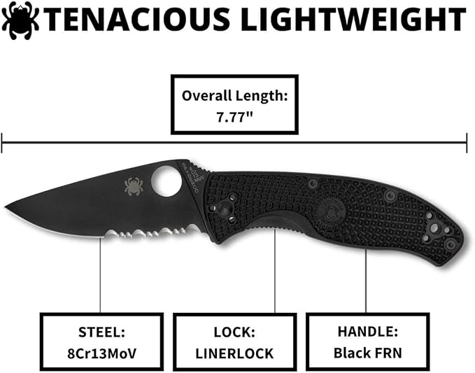 Spyderco Tenacious Lightweight Folding Pocket Knife, CombinationEdge | 7.77" Overall Length, 3.3" 8Cr13MoV Steel Blade, Black, FRN Handle, LinerLock, Full-Flat Grind