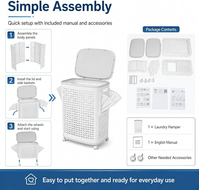 Laundry Hamper with Wheels, 70L/18.5Gal Large Capacity Collapsible Laundry Basket, Portable Rolling Laundry Bin with Lid & Handle, Side Hanging Baskets for Bedroom, Bathroom, Dorm (White)