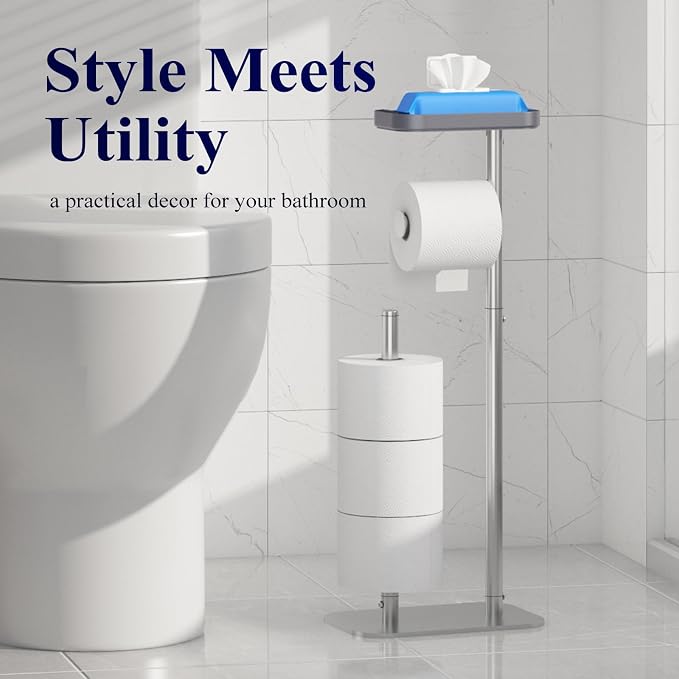 Kitsure Toilet Paper Holder Free Standing – Rustproof Metal Toilet Paper Stand for 4 Rolls with Anti-Slip Base and Shelf for Phone & Small Items, Bathroom Organizers and Storage, Medium, Silver