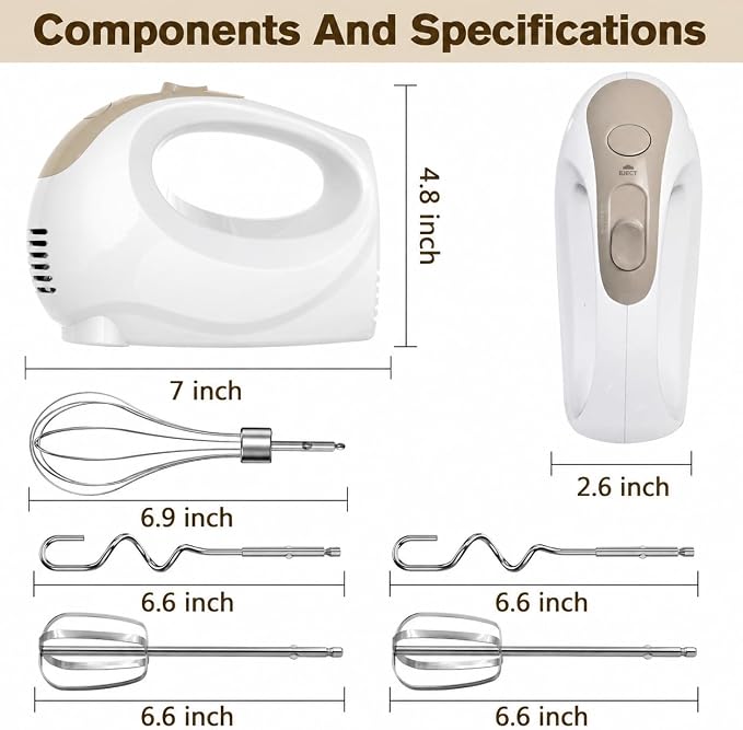 Hand Mixer Electric with 4 Stainless Steel Mixing Bowls, Measuring Cups & Spoons, Silicone Spatula, 5-Speed Handheld Electric Mixer for Baking Cake, Cookies, Whipping Cream