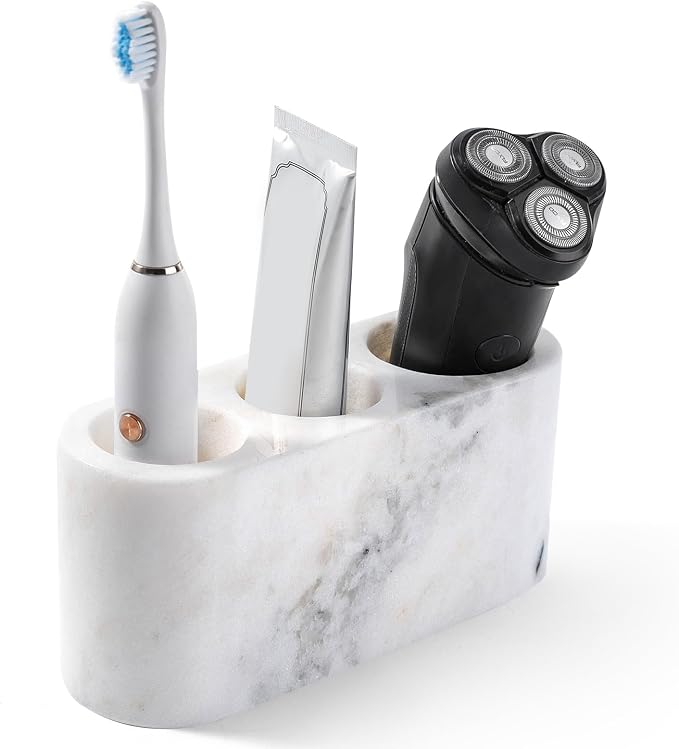 BCS Toothbrush Holder for Bathrooms, 3 Slots Marble Toothbrush Organizer, Makeup Brush Stand Toothbrush Storage Collection for Bathroom Countertop Vanity Organization - Grigio Fantasy
