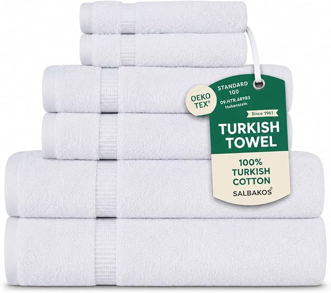 SALBAKOS 100% Turkish Cotton Bathroom Towel Set of 6-Piece, White | 630 Gsm Thick Super Soft Highly Absorbent 2 Bath + 2 Hand + 2 Washcloth Towels Sets, Giftable, Hotel Quality, Made in Turkey