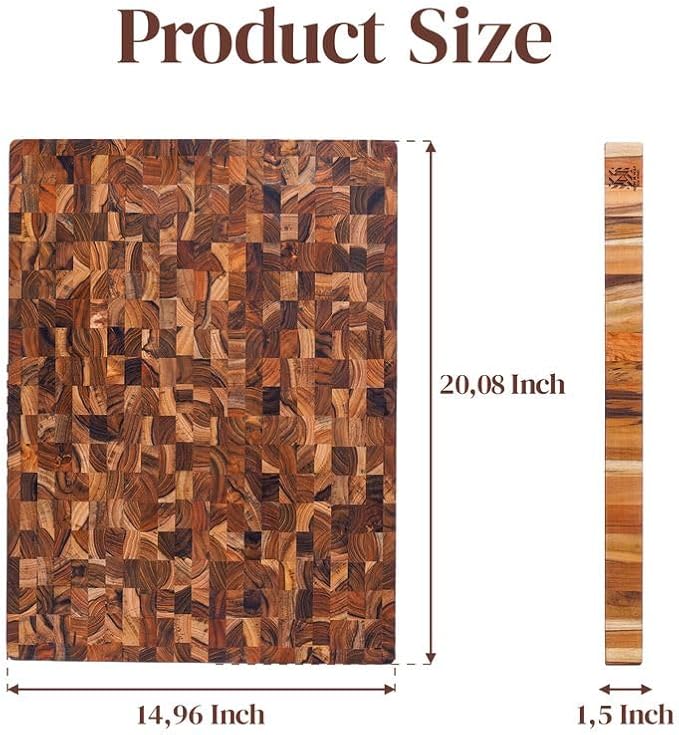 Premium Teak Wood XL End Grain Cutting Board 20 x 15 Inch, Extra Thick 1.5 Inch Butcher Block for Meat & BBQ Prep, Large Solid Wood Cutting Board with Juice Groove by New M Way
