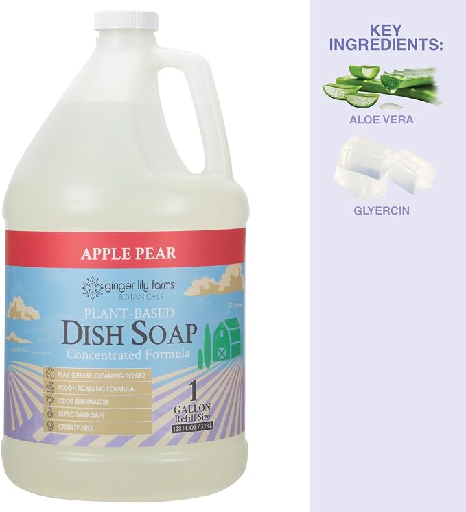 Ginger Lily Farms Botanicals Plant-Based Liquid Dish Soap, Concentrated Formula with Max Grease Cleaning Power, Cruelty-Free, Apple Pear Scent, 1 Gallon (Pack of 4)