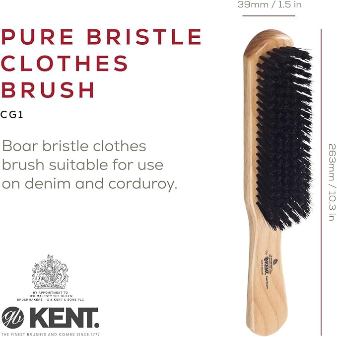 Kent CG1 Clothes Brush Cherrywood 100% Natural Black Bristle and Lint Remover Especially for Jeans or Corduroy Garments for Keeping Fabrics Free from Fibres, Fluff and Pet Hair. Made in England