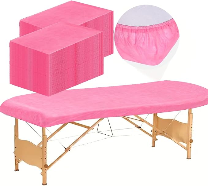 50PCS Disposable Fitted Massage Table Sheets with Elastic, Heavy Duty Elastic Disposable Bed Cover, Breathable Pink Sheets for Spa Massage Beauty Tattoos Non Woven Fabric 36 x 85 in