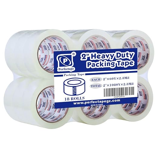 PERFECTAPE Heavy Duty Packing Tape 18 Rolls, Total 1080Y, Clear, 2.8 mil, 1.88 inch x 60 Yards, Ultra Strong, Refill for Packaging and Shipping | Total 1080Y, Ultra Strong, Refill for Packaging and Shipping