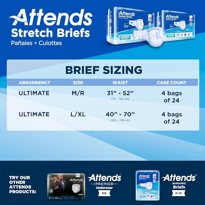 Attends Stretch Adult Incontinence Disposable Briefs, Medium/Regular, 31"-52" Waist with SecureGrip Tab Closure, Ultimate Absorbency with Dry-Lock Containment Core and Breathable Side Panels, 24ct Bag