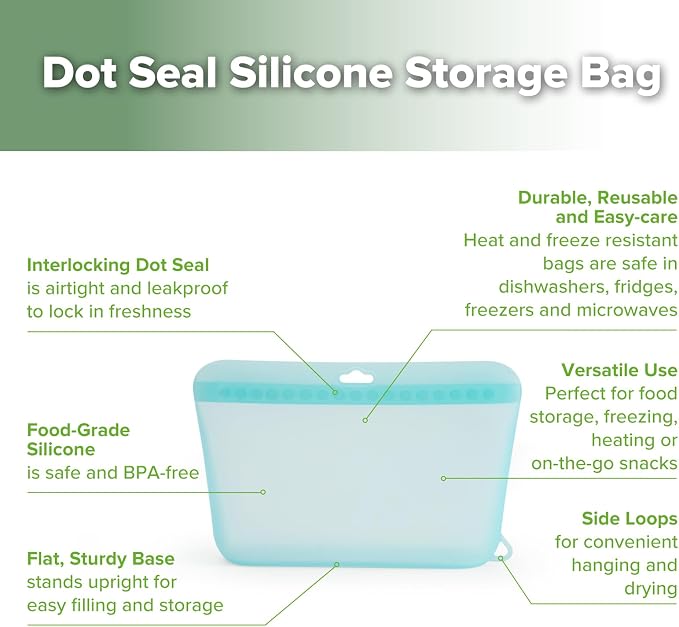 Haakaa Dot Seal Reusable Silicone Food Storage Bags,3 Pack-Silicone Leakproof Freezer & Sandwich Snack Bags,BPA Free Baby Food Containers, Microwave & Dishwasher Safe,Turquoise (16oz, 33oz, 50.7oz)