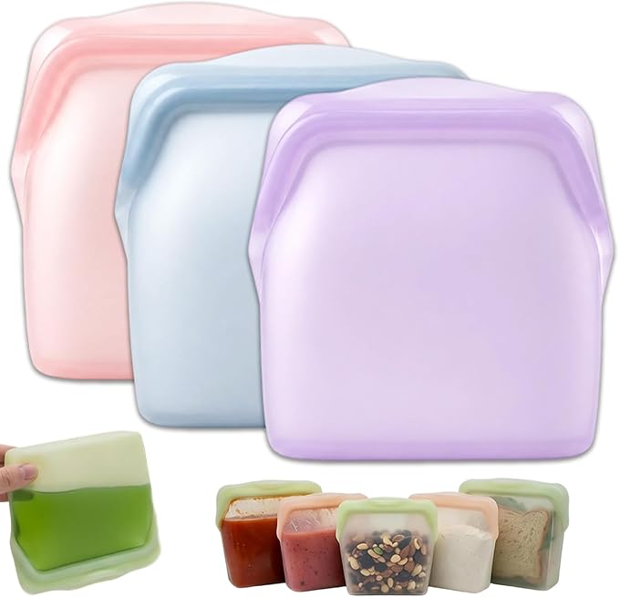 New Generation Silicone Storage, Reusable Silicone Food Storage Bags, Leak-Proof Upright Freezer Bags, Odor-Proof, High-Temperature Resistant, Microwave Dishwasher Safe for Snacks Leftovers (3-MixI)