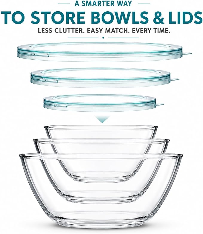 Luvan Glass Mixing Bowls with Lids Set(4.5QT, 2.7QT, 1.1QT)-Large Glass Mixing Bowls, Clear Salad Bowl for Baking, Cooking, Serving, Food Prep, 3PC Nesting Bowls for Kitchen Storage & Dishwasher Safe