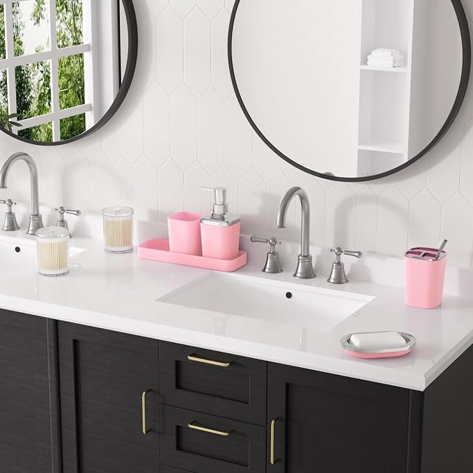 XLHOMO Bathroom Set, 9PC Bathroom Accessory Set, Pink Bathroom Accessories, Pink Bathroom Set, Trash Can, Soap Dispenser for Home Decor