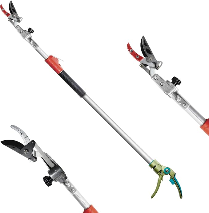 GARTOL Pruner for Garden, Cut Upto 1 Inch & Hold Telescopic Pole Pruner, Fruit Picker with Rotating Blade Head, Lightweight Aluminum Extendable Handle for Tree Branch Cutter, 6.23-10.5 FT, Silver