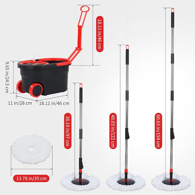 Spin Mop and Bucket with Wringer Set on Wheels, 3 Mop Refills, 61" Handle | 360° Spinning Mop System with Stainless Steel Extended Handle & 3 Microfiber Refills for Floor Cleaning