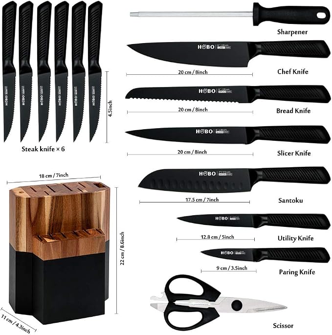 Knife Block Set, 15 Piece Kitchen Knife Set with 6 Steak Knife Set with Sharpener Chef Knife High German Carbon Stainless Steel Knife with Wooden Block Bread Knife Boxed | High German Carbon Stainless Steel, with 6 Pieces Steak Knives, with Sharpener a...