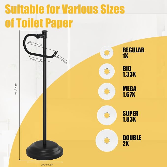 BESy Toilet Paper Holder Free Standing Bathroom Toilet Tissue Holder Stand for Floor Toilet Paper Roll Holder with Storage Hardware Accessories Rack Hand Towel Bar Matte Black Stainless Steel