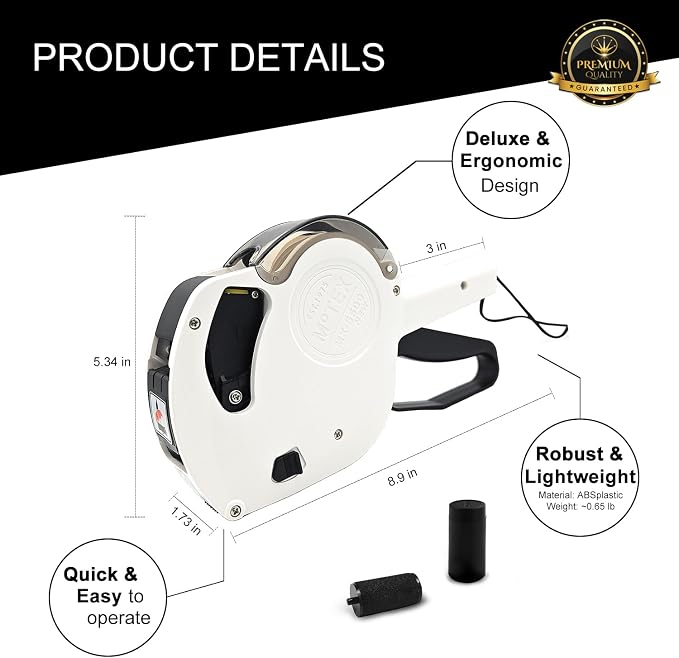 Motex MX-5500 New Version 1 Line 8 Digits Date Marking Gun – Pre-Loaded 1,000 White Sticker Labels and Pre-Loaded Inker with 1 Ink Refill - for Grocery Store, Retail Shop, Garage Sale (White)
