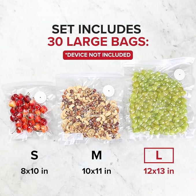 Chef Preserve Reusable Vacuum Sealer Bags for Food - 30 BPA-Free Large (12 x 13 in) Food Storage Bags, Freezer, Microwave - Odor-Resistant, Leak-Proof - Compatible with Chef Preserve Vacuum Sealers