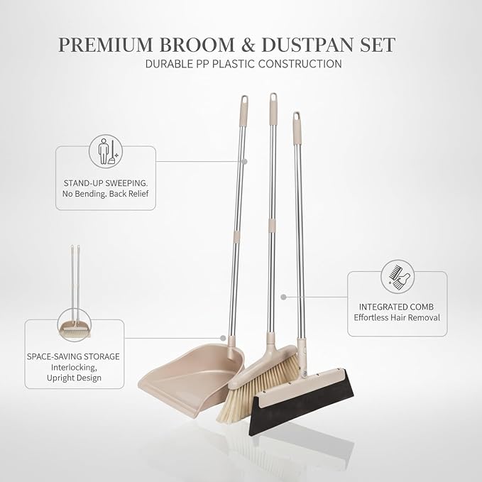 Broom and Dustpan Set with Standing Storage, Interlocking Sweep Kit with Cleaning Edge for Home Cleaning