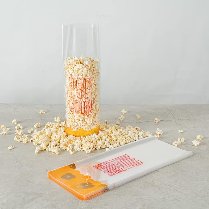 Restaurantware-Bag Tek 17 x 7 Inch Popcorn Bags, 100 Greaseproof Popcorn Favor - Hot & Cold Friendly, Freezable, Clear PE Plastic Carnival, For Event Favors Or Goodie Bags