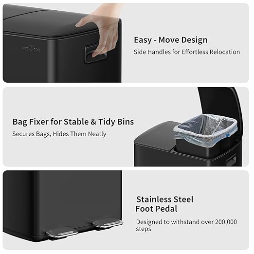 mVm Dual Trash Can, 16 Gal(2x8 Gal) Black Dual Compartment Kitchen Trash Can, Brushed Stainless Steel Garbage Recycling Bin for Home Office