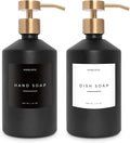 Homelistic Matte Black Glass Soap Dispenser Set with Champagne Gold Pump – 16oz Refillable Kitchen & Bathroom Soap Dispensers (2 Pack) Rust-Resistant Stainless Steel Pumps, 48 Labels