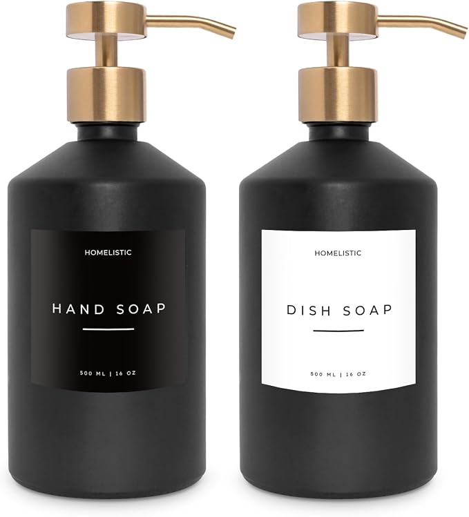 Homelistic Matte Black Glass Soap Dispenser Set with Champagne Gold Pump – 16oz Refillable Kitchen & Bathroom Soap Dispensers (2 Pack) Rust-Resistant Stainless Steel Pumps, 48 Labels