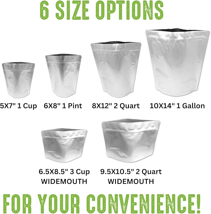 50 Mylar Bags for Food Storage, Airtight 7-Mil Thick Gusseted Zip Lock, Long Term, Reusable, Emergency Food Supply & Freeze Dryer Bags - 2 Quart 10.5x9.5 Inch