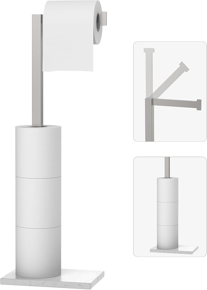 Freestanding Toilet Paper Holder Stand Brushed Nickel SUS 304 Stainless Steel Rustproof 22 Inch Rotating Bathroom Tissue Roll Holder for 4 Rolls with Marble Base by HOMEMYSTIQUE