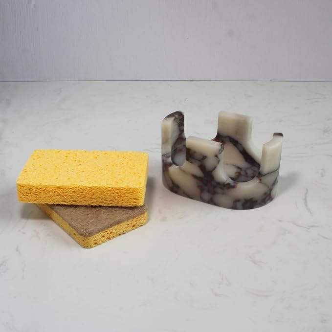 Nawgnail Natural Travertine Marble 2-Slot Sponge Holder for Kitchen Counter, 2-in-1 Stone Drying Rack, Sponge Caddy for Sink Organizer - Calacatta Viola Marble