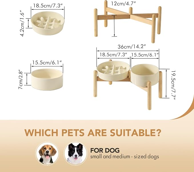 Havniva Elevated Slow Feeder Dog Bowls, Ceramic Dog Bowl Slow Feeder Set | 1.2 Cups Raised Slow Feeder Dog Bowl for Small Breed, 6.1” Dog Water Bowl with Wooden Stand, Puzzle Dog Food Bowl, Non-slip