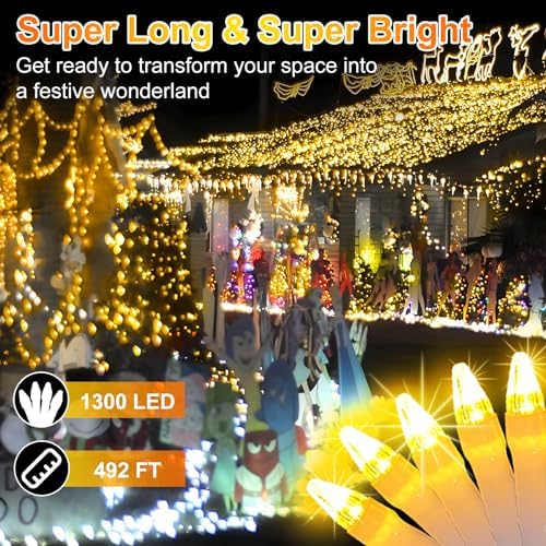 492FT Outdoor Christmas Lights, 1300 LED Super Long String Lights 8 Lighting Modes & Timer Memory, Outsite Waterproof Light Strings for House Tree Garden Wedding Party Holiday Decorations Warm White