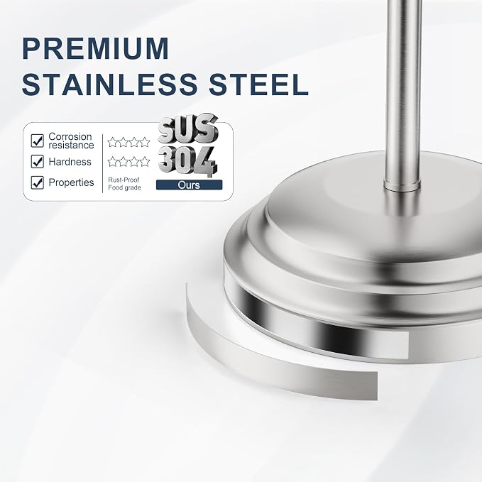 Bathroom Toilet Paper Holder Stand, Brushed Nickel Toilet Paper Holder Free Standing, Stainless Steel Pivoting Toilet Tissue Roll Holder，Adjustable Height (14 to 24 Inch) Paper Holder