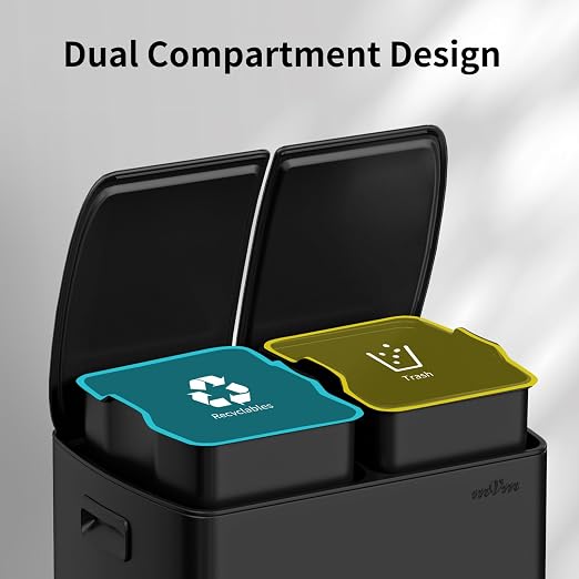 mVm Dual Trash Can, 10.6 Gal (2x5.3Gal) Wide Type Kitchen Trash Can with Thick Lids, 2 Compartment Recycling Bin Combo for Kitchen Office (Black)