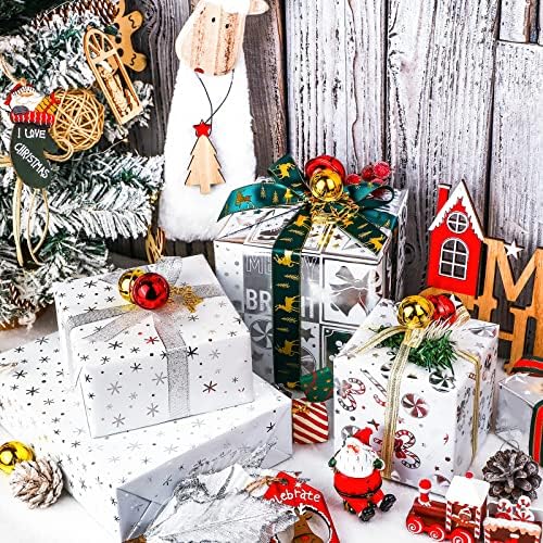 WRAPAHOLIC Silver Christmas Wrapping Paper Set - Silver Snowflakes and Candy Cane Holiday Collection with Metallic Foil Shine Wrapping Paper Bundle with Gift Bow & Ribbon & Tag & Sticker