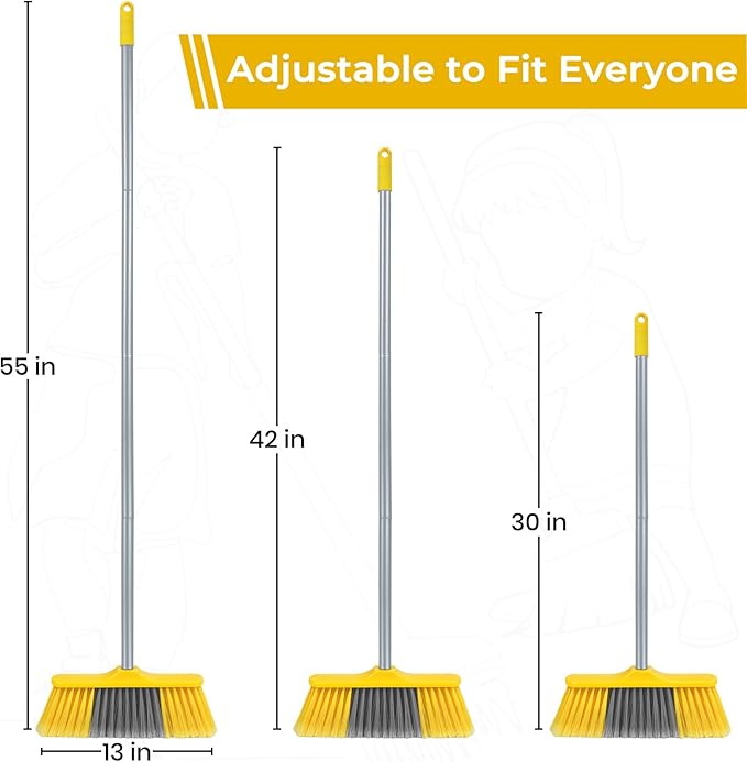 Indoor Broom for Floors 55” Soft Bristle Brooms for Sweeping Indoor/Outdoor to Clean Kitchen, Lobby, Office, Hardwood, Tile, Concrete, Patio, Deck-Yellow