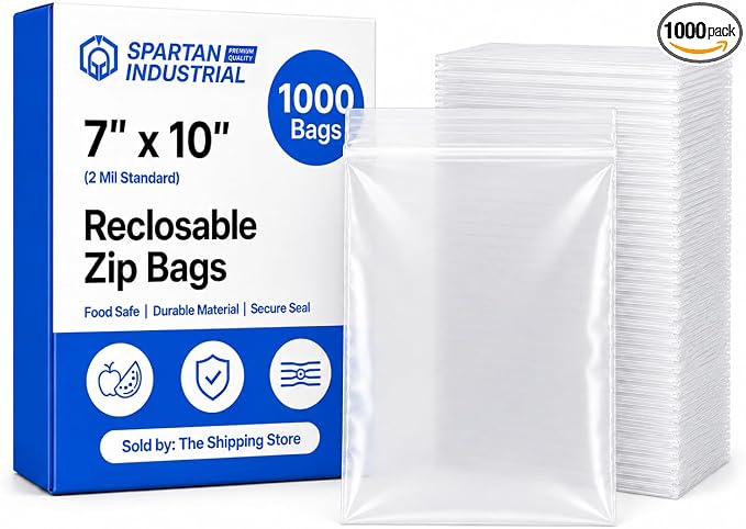 Spartan Industrial - 7” X 10” (1000 Count) 2 Mil Clear Reclosable Zip Plastic Poly Bags with Resealable Lock Seal Zipper
