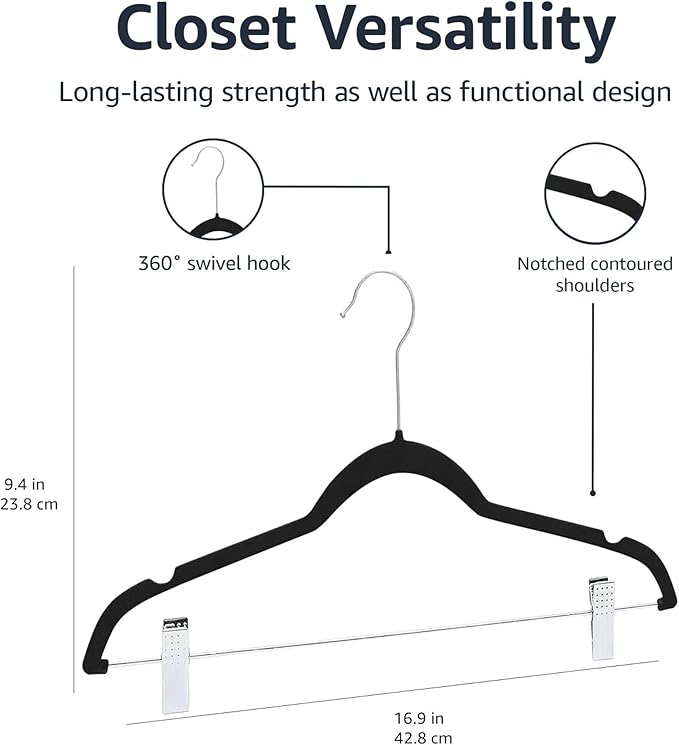 Amazon Basics Velvet Non-Slip Skirt Clothes Hangers with Clips, 360 Degree Rotatable Hook, Organize Pants and Skirts, Black/Silver, 24-Pack