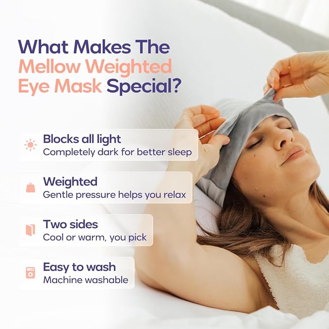Mellow Weighted Sleep Eye Mask for Sleeping – 99% Blackout Cooling & Plush Reversible Eye Mask with 180g Weighted Glass Beads – Strapless Deep Pressure Sleep Mask for Travel, Naps & Relaxation