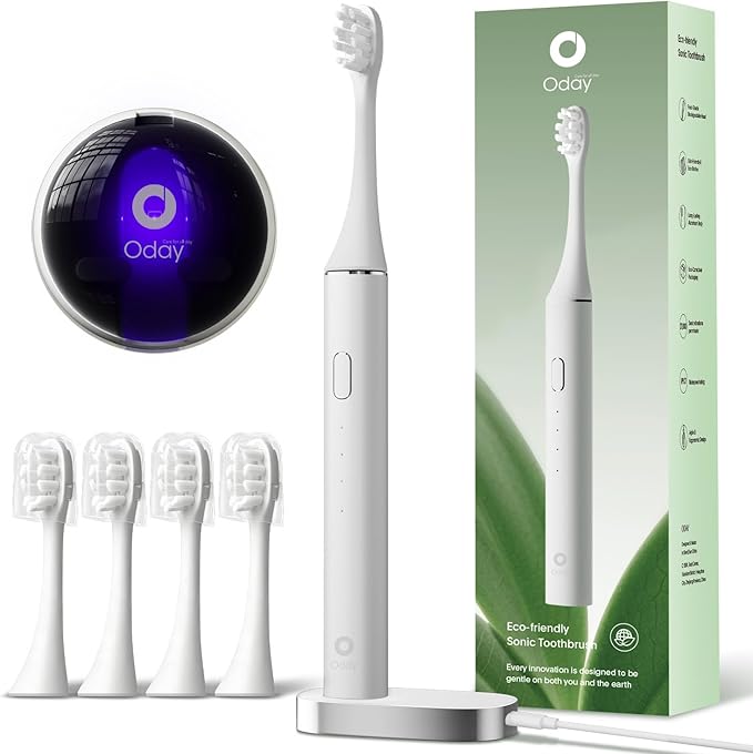 Oday Sonic Electric Toothbrush for Adults with Wall Mounted UV Toothbrush Cleaner Holder and 4 Brush Heads, Wireless Charging, IPX7 Waterproof, 1 Month+ Battery, White