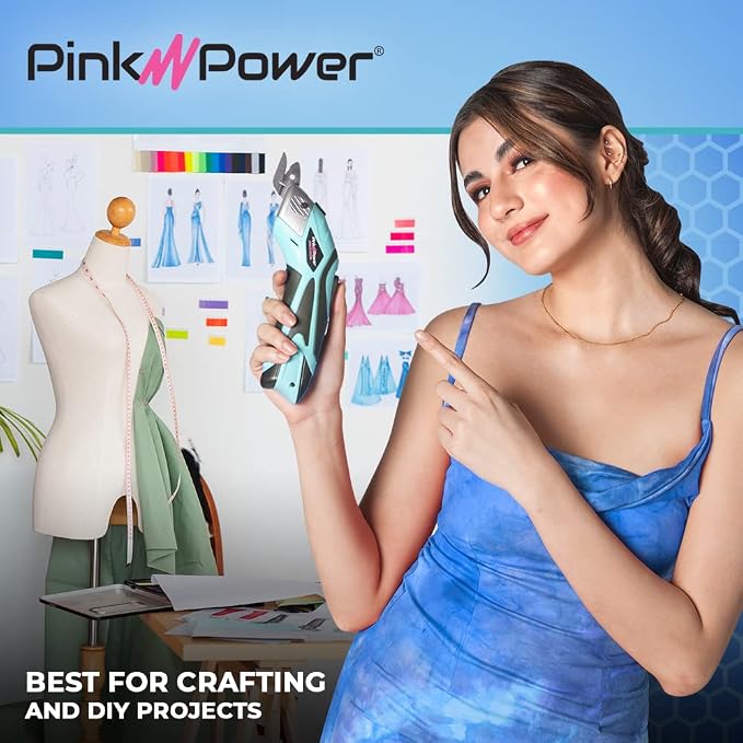 Pink Power Electric Fabric Scissors Box Cutter for Crafts, Sewing, Cardboard, & Carpet - Heavy Duty Professional Cutting Tool - Aqua Splash Cordless Electric Scissors Fabric Cutter w/Storage Case