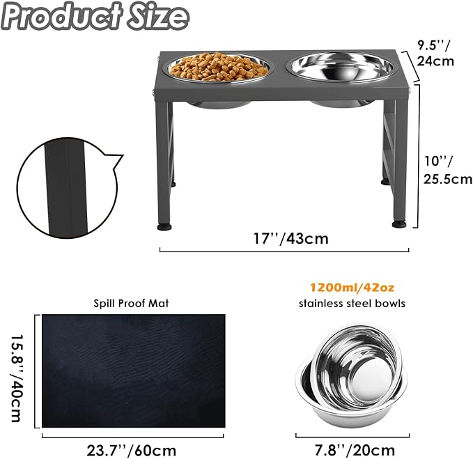 ADENGL Metal Raised Dog Bowl, 10" Height Tall Elevate Dog Feeder Stand with 2 Stainless Steel 42oz Bowls & 16x24 Non-Slip Mat – Stronger Dogs Food & Water Bowl Stand (Grey)