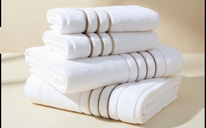 Bath Towels Set for Bathroom – Luxury 6-Piece Cotton Towels, Soft Absorbent & Quick Dry, 600 GSM Bath Towels for Bathroom, Hotel Spa Quality (White/Taupe, 4-Hand Towel Set)