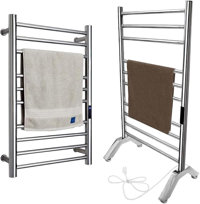 Heated Towel Rack Plug-in,Free Standing & Wall Mounted Dryer Rack Stainless Steel,Radiator 10 Bars Hot Towel Warmer with Built-in Timer,Silver